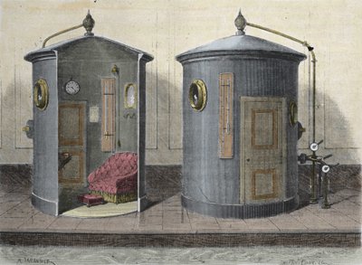 Komora hiperbaryczna Paula Berta (1833-1887) fizjologa i francuskiego polityka. Grawerowanie z 1855 roku. autorstwa French School