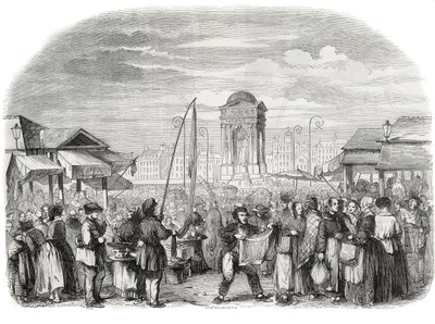 Niewinni marsz w Paryżu z fontanną - Grawerowanie w „Tableau-de-Paris” Edmonda Texiera 1852 autorstwa French School