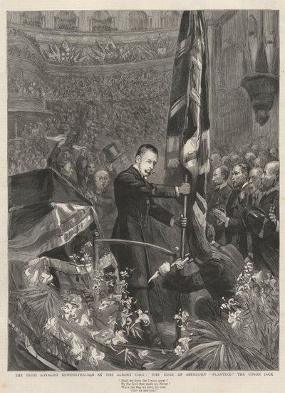 Irlandzka demonstracja lojalistów w Albert Hall w Londynie, 1893: książę Abercorn (James Hamilton) (1811-1885) zasadza Union Jack. autorstwa French School