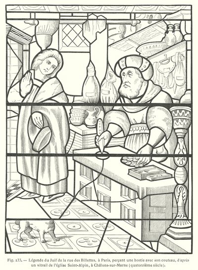 Żyd z Rue des Billettes, Paryż, zbezcześci Hostię przebijając ją nożem, po XIV-wiecznym witrażu w kościele Saint-Alpin, Chalons-sur-Marne, Francja (rycina) autorstwa French School