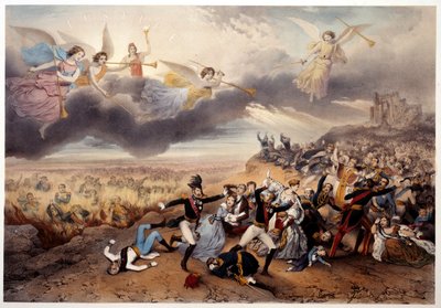 Sąd Boży Aniołowie Apokalipsy trąbią i ogłaszają Sąd Ostateczny, zanim monarchowie i inni bohaterowie francuskiej historii, Napoleon I i przedstawiciele Starego Reżimu, płoną w płomieniach piekła. Ilustracja wykonana autorstwa French School