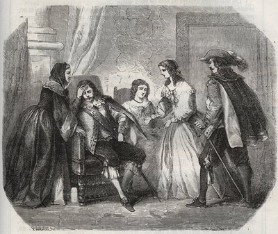 Król Francji Ludwik XIII (1601-1643) zapada na migrenę, gdy rozmawia z królową Anną Austrii (1601-1666). Grawer z 1871 r. w „Histoire Des Cocus Celebres” Henry