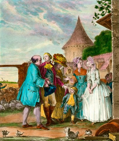 Pan i jego rolnik. Grawer z XVIII wieku. Prywatna kolekcja. autorstwa French School
