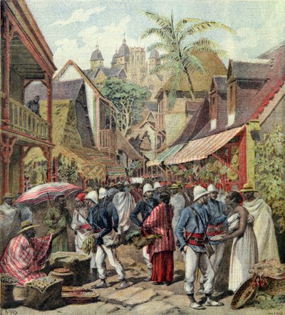 Wyprawa Madagaskar, francuscy żołnierze na ulicy w Tananarive, z Le Petit Journal, 27 października 1895 autorstwa French School
