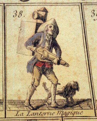 Urządzenie Magic Lantern służy do projekcji światła. Szczegóły gry gęsi płaczu i starych metier Paryża. XVIII-wieczna kolekcja prywatna autorstwa French School