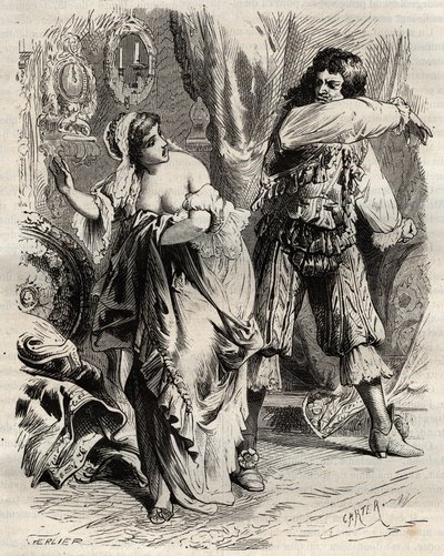 Markiz Montespan, Louis Henri (Louis-Henri) de Pardaillan de Gondrin (1640-1691), spoliczkował swoją żonę, markizę Montespan (Francoise Athenais) przez Rochechouart Mortemart (lub Madame de Montespan) (1640-1707), za odmówiła mu na rozkaz Ki autorstwa French School