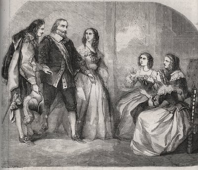 Markiz Montespan, Louis Henri (Louis-Henri) de Pardaillan de Gondrin (1640-1691) (po lewej) przyszedł oświadczyć się za małżeństwo Francoise Athenais (Francoise-Athenais) z Rochechouart Mortemart (wtedy markiz de Montespan lub Madame). przez Montespan autorstwa French School