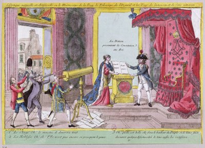 Mikroskop gniewu, teleskop dumy i oczy rozsądku i zdrowego rozsądku, karykatura reakcji szlachty i duchowieństwa na konstytucję francuską, ok. 1791 r. autorstwa French School