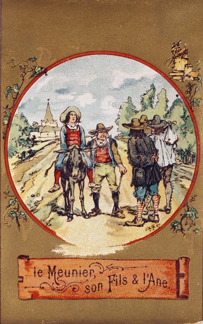 Młynarz, jego syn i osioł, ok.1880 (kolorowa grawerunek) autorstwa French School