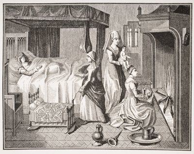 Nowo narodzone dziecko, po miniaturze z XV wieku w „Histoire de la Belle Helaine”, z „Le Moyen Age et La Renaissance” Paula Lacroix (1806–84) opublikowanej w 1847 r. autorstwa French School