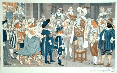 Mowa nosowa w Hotel de Bourgogne, ilustracja z „Cyrano de Bergerac” Edmonda Rostanda (1868-1918) c.1905 (kolor lito) autorstwa French School