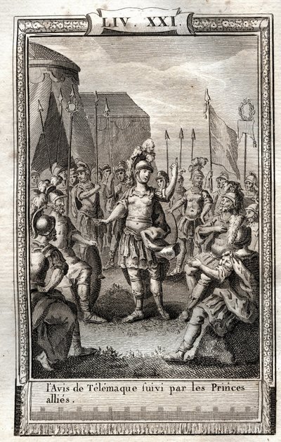 Zawiadomienie o Telemaque, a następnie przez książąt sprzymierzonych - grawerowanie z 1798 r. według Monneta w „Les Aventures de Telemaque, fils d