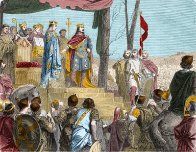 Przysięgi strasburskie między Ludwikiem Niemieckim (876), władcą wschodniej Francji, a jego przyrodnim bratem Karolem Łysym (? 877), władcą Zachodniej Francji - Le przysięga strasburska: tracee de Verdun, 843. Synowie Ludwika Pobożni podzielili terytorium  autorstwa French School