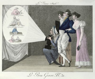 Stary styl, oglądanie projekcji XVIII-wiecznych obrazów z filmu o latarniach magicznych, ilustracja z Le Bon Genre autorstwa French School