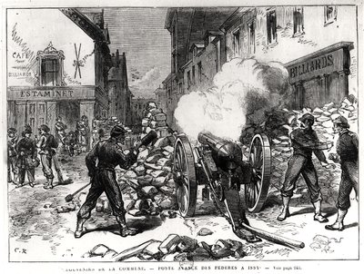 Komuna Paryska: Barykada w Issy, 2 maja 1871 (rycina) (zdjęcie bw) autorstwa French School