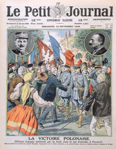 Zwycięstwo Polskie, francuscy oficerowie okrzyknięci tłumem na ulicy Centralnej w Warszawie, ilustracja na okładce Le Petit Journal, 12.09.1920 autorstwa French School