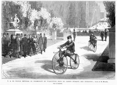 Książę Imperial, obserwowany przez rodziców, cesarza i cesarzową, pokazuje swoje umiejętności jeżdżenia na rowerze na welocypie Michaux w Ogrodach Tuileries, Paryż, 1869 autorstwa French School