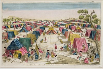 Obóz armii pruskiej, zaczerpnięty z życia na polach na Pomorzu, rytowany przez Vale, ok. 1750 (rycina ręcznie kolorowana) autorstwa French School