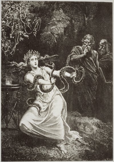 Pytia z LHistoire de la Magie Paula Christiana, zilustrowana w Historii magii, wydanej pod koniec XIX wieku autorstwa French School