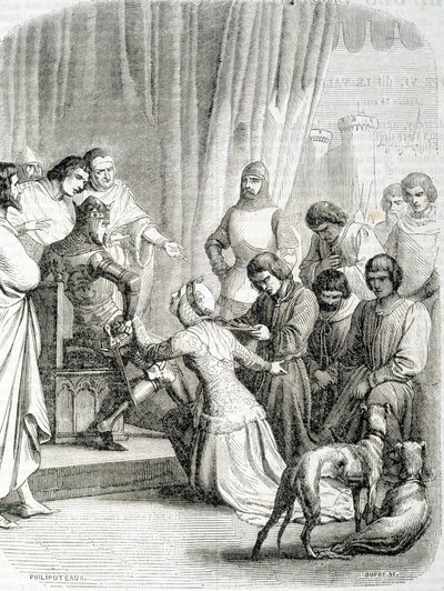 Królowa Anglii (Philippa de Hainaut) prosi dzięki mężowi Edwardowi III o mieszkańców Calais (odcinek 6 mieszczan Calais) autorstwa French School