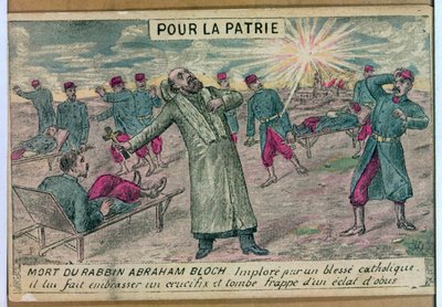Rabin Abraham Bloch ofiarowuje krucyfiks umierającemu katolickiemu żołnierzowi i zostaje trafiony pociskiem, 1914-18 autorstwa French School