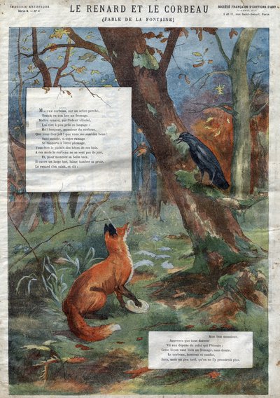 Kruk i lis. Bajki Jean de La Fontaine (1621-95). Ilustracja końca XIX wieku. autorstwa French School
