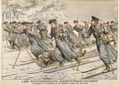 Czerwony Krzyż przewożący rannych Rosjan na nartach podczas wojny rosyjsko-japońskiej (1904-05) z Le Petit Journal, ok. 1904 autorstwa French School