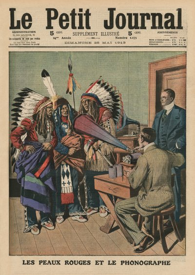 Czerwonoskórzy i fonograf, ilustracja na okładce z „Le Petit Journal”, dodatek illustre, 25 maja 1913 (kolor lito) autorstwa French School