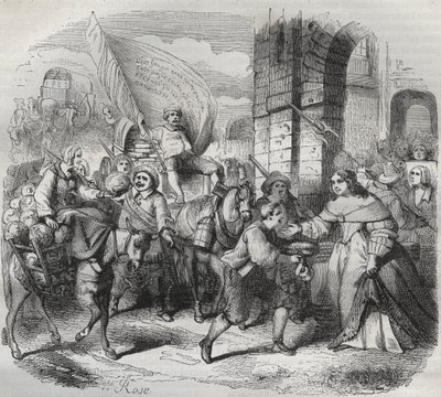 Powrót Gonesse, odcinek Frondy: „Pani Paryża” wita „Pani z Aubervilliers” i „Nourisier Gonesse”, które przybyły, by ją zaopatrzyć. Grawer frondeuse 1649 - grawer w „Paris a travers les siecles” H. Gourdona de Genouillac autorstwa French School
