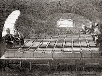 Bateria elektryczna Royal Institution z Les Merveilles de la Science, wyd. 1870. autorstwa French School