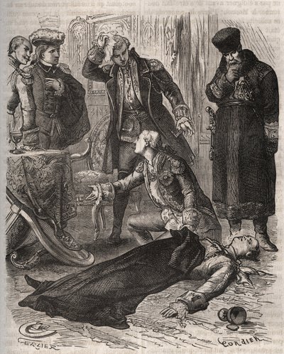 Cesarz rosyjski Piotr III (1728-1762), wyznaczony na rezydencję, został zamordowany przez Aleksieja Orłowa (1737-1808) i jego strażników 17 lipca 1762 z rozkazu jego żony Katarzyny II, która właśnie go obaliła i przejęła władzę. Grawerowanie z 1871 roku w  autorstwa French School