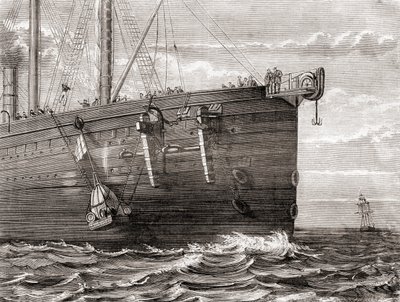 SS Great Eastern wystrzeliwuje boję do morza, aby zaznaczyć miejsce zagubionego transatlantyckiego kabla telegraficznego autorstwa French School