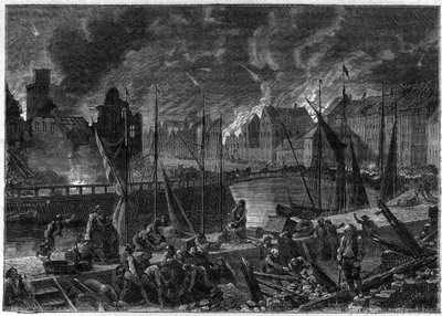Druga bitwa o Kopenhagę (lub bombardowanie Kopenhagi) (16 sierpnia-5 września 1807) Brytyjskie bombardowanie Kopenhagi w celu szesnastu duńsko-norweskiej floty, podczas wojen napoleońskich - wojny angielskie - bitwa pod Kopenhagą 1807 r. autorstwa French School