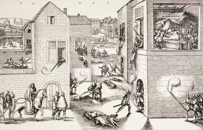 Masakra w dniu św. Bartłomieja, sierpień 1572 r., z książki „Życie wojskowe i religijne w średniowieczu” Paula Lacroix, opublikowana w Londynie ok. 1880 r. autorstwa French School