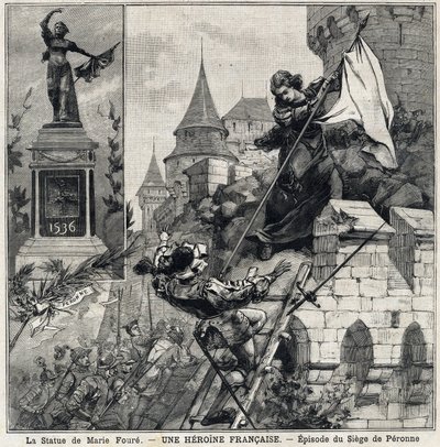 Statua Marie Foure (po lewej): Katarzyna de Poix, znana jako „Marie Foure” (XVI w.), francuska bohaterka broniąca miasta Peronne w 1536 r. podczas inwazji wojsk Karola V. W „Le Petit Parisien”” w dniu 01.08.1897. autorstwa French School