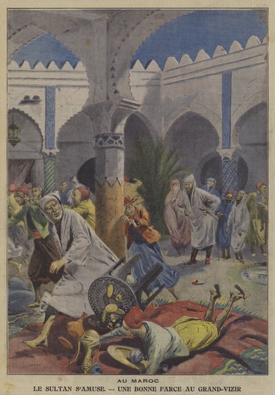 Sułtan Maroka bawi się żartem ze swojego wielkiego wezyra (kolor litograficzny) autorstwa French School