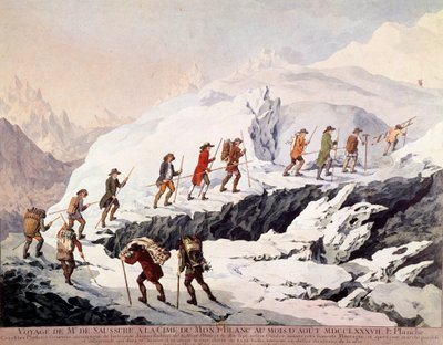 Szwajcarski przyrodnik Horace Benedict (Horace-Benedict) z Saussure (1740-1799) i francuski przewodnik górski Jacques Balmat dokonali drugiego wejścia na Mont Blanc w sierpniu 1787 roku. autorstwa French School