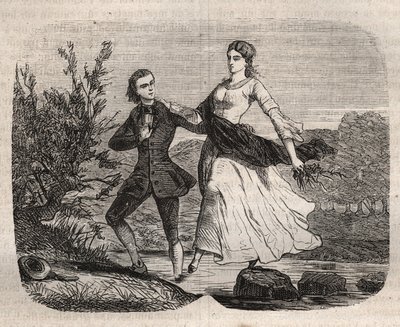 Szwajcarski filozof Jean Jacques (Jean-Jacques) Rousseau (1712-1778) pomógł Mademoiselle Galley przejść przez strumień. Rycina z 1871 roku w „Histoire Des Cocus Celebres” Henry