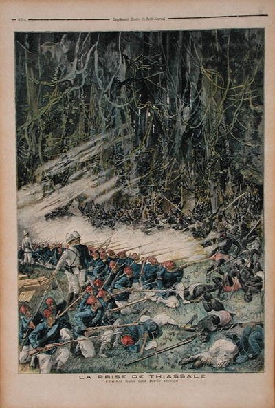 Podbicie Thiassale, bitwa w dziewiczym lesie deszczowym, ilustracja z Le Petit Journal, 26 sierpnia 1893 autorstwa French School