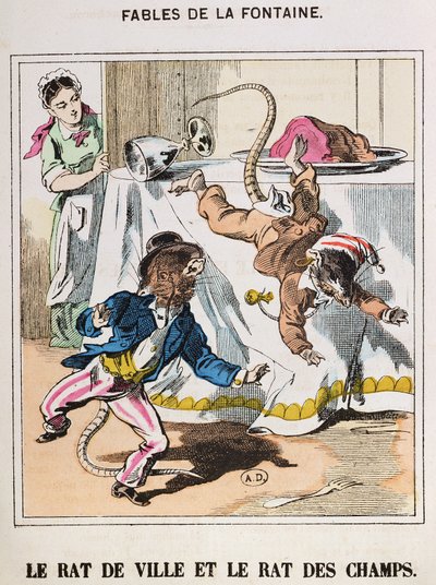 Mysz miejska i mysz wiejska z „Fables de La Fontaine” (kolorowy grawerunek) autorstwa French School