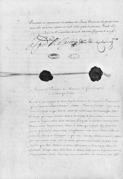 Traktat Pirenejski, podpisany przez kardynała Julesa Mazarina (1602-61) i ks. Luisa Mendeza de Haro (1598-1661) 7 listopada 1659 autorstwa French School