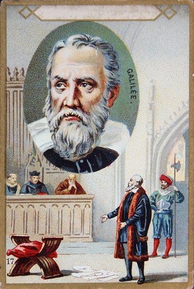Proces Galileo Galilei (1564-1642) w 1633 r. (litografia kolorowa) autorstwa French School
