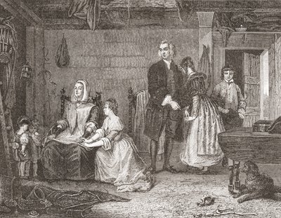 Wikariusz Wakefield godzący swoją żonę z Olivią, według obrazu Gilberta Stuarta Newtona. Z Histoire des Peintres, École Anglaise, opublikowane 1867 (litografia) autorstwa French School