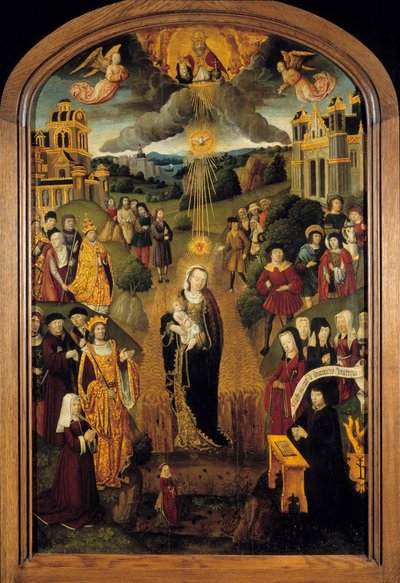 Dziewica z pszenicznym królem Ludwikiem XII (1462-1515) i papieżem Aleksandrem VI (1431-1503) są obecne. Wszechmogący Bóg trzymający Glob pobłogosławił tę scenę, podczas gdy Duch Święty chronił Dziewicę i Dzieciątko. Malarstwo na drewnie Szkoły Francuskiej autorstwa French School
