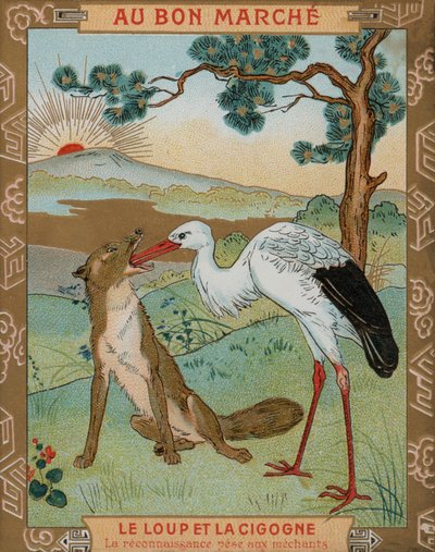 Wilk i Żuraw, jedna z bajek Ezopa (chromolitho) autorstwa French School