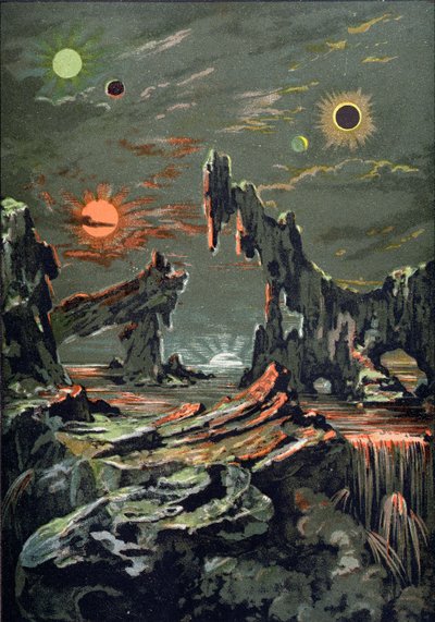 Świat czterech księżyców i czterech słońc, ilustracja z Astronomie Populaire napisana przez Camille Flammarion (1842-1925) 1881 autorstwa French School