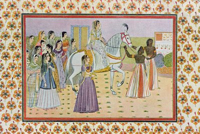 Młoda dziewczyna o księżycowej twarzy jadąca na białym koniu, ilustracja z Arabian Nights, 1895 (kolorowa grawerunek) autorstwa French School