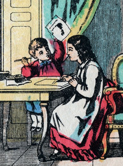 Zajęcia dla dziewczynek z dobrych rodzin: pomoc młodszemu bratu w odrabianiu lekcji - Obraz epinal - XIX wiek (grafika) autorstwa French School