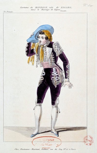 Aktor Claude Louis Seraphin Barizain (lub Barisain) dit Monrose (1783-1843) w roli Figara w Le mariage de Figaro” Pierre Augustin Caron de Beaumarchais (1732-1799) 1784 Paryż, Comedie francaise autorstwa French School