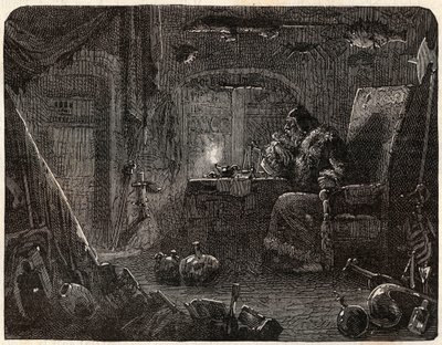 Alchemik, który obiecał zrobić złoto, pracuje w swoim laboratorium: Alchemik w XVII wieku - w „Paris a travers les cules” Nicolasa Julesa Henri Gourdona de Kennouillaca (1826-1898) autorstwa French School
